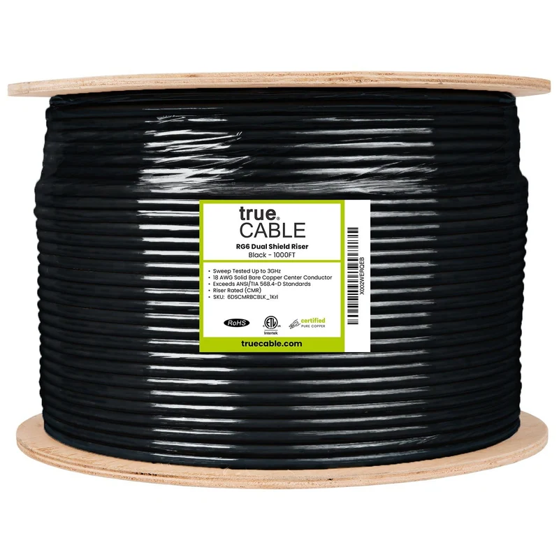 RG6 Dual Shield Riser Coaxial Cable — Black / 1000ft