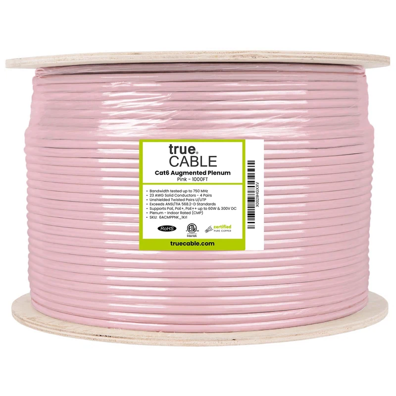 Cat6A Plenum Ethernet Cable · Unshielded — Pink / 1000ft