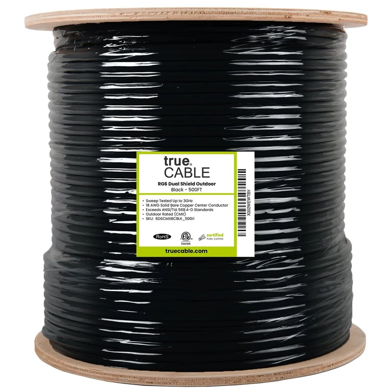 RG6 Dual Shield Outdoor Coaxial Cable — Black / 500ft