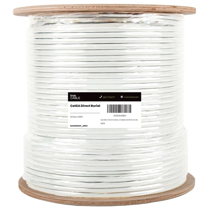 Cat6A Direct Burial Ethernet Cable · Unshielded — White / 500ft