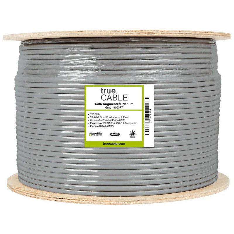 Cat6A Plenum Ethernet Cable · Unshielded — Gray / 1000ft