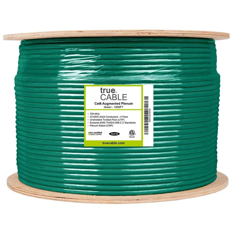 Cat6A Plenum Ethernet Cable · Unshielded — Green / 1000ft