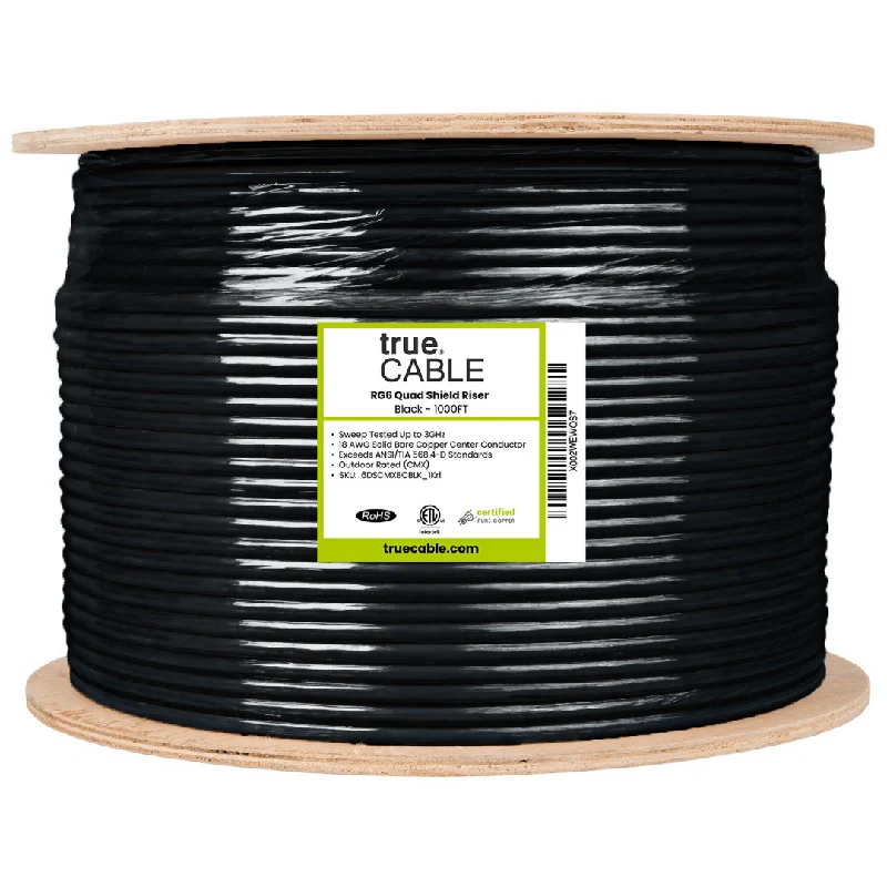 RG6 Quad Shield Riser Coaxial Cable — Black / 1000ft