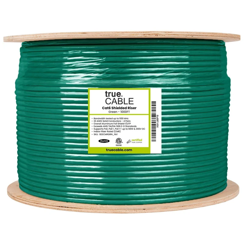 Cat6 Riser Ethernet Cable · Shielded — Green / 1000ft