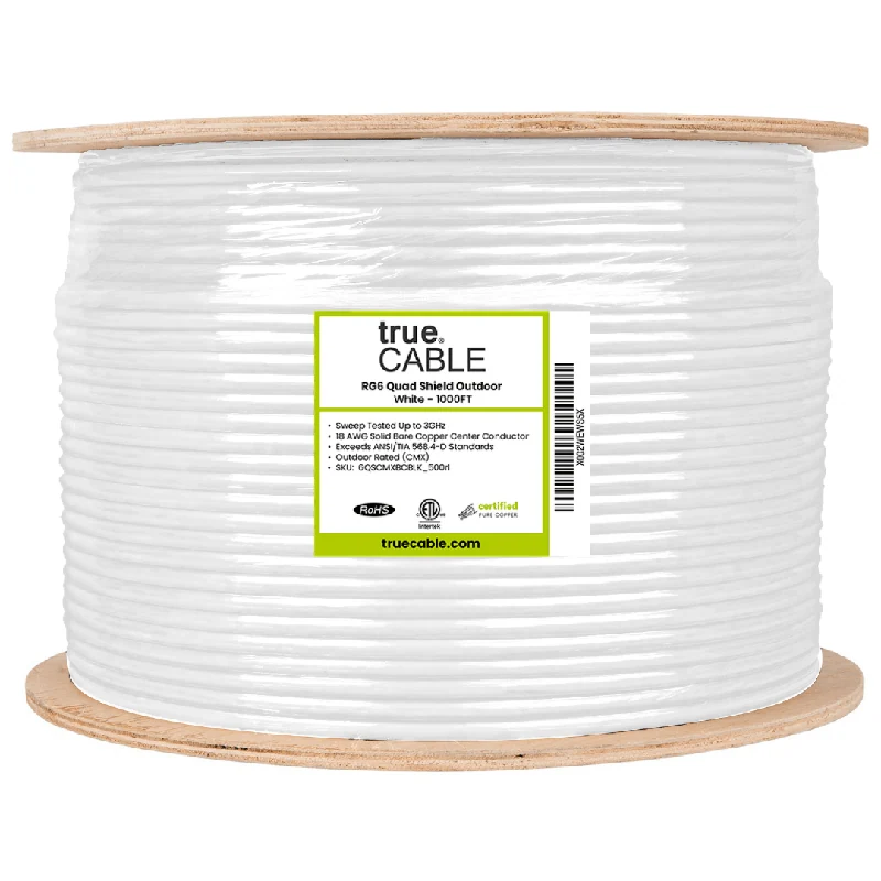RG6 Quad Shield Outdoor Coaxial Cable — White / 1000ft