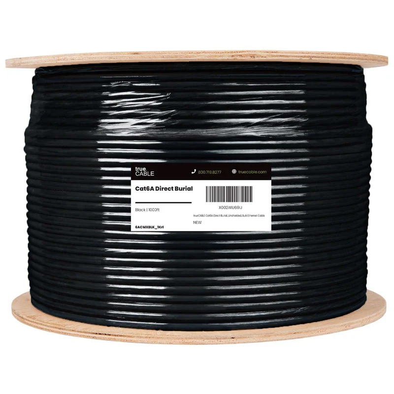 Cat6A Direct Burial Ethernet Cable · Unshielded — Black / 1000ft