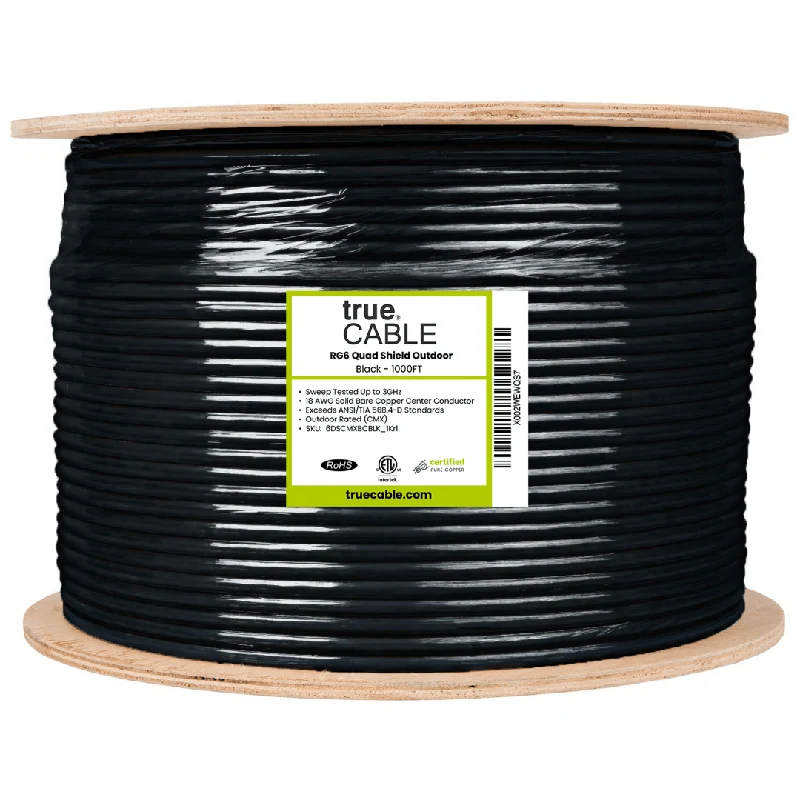 RG6 Quad Shield Outdoor Coaxial Cable — Black / 1000ft