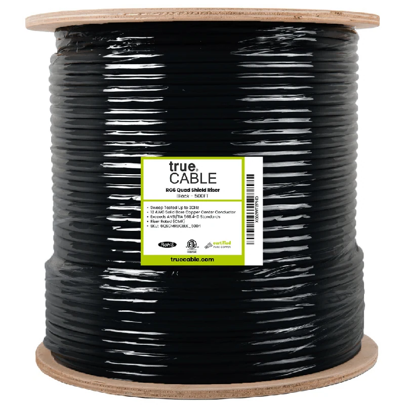 RG6 Quad Shield Riser Coaxial Cable — Black / 500ft