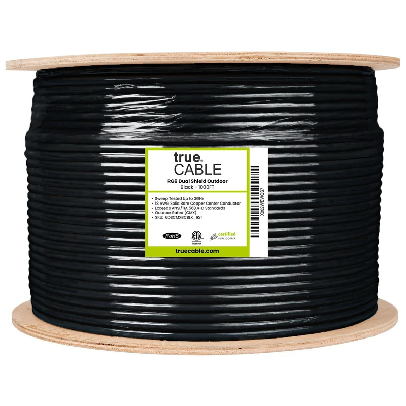 RG6 Dual Shield Outdoor Coaxial Cable — Black / 1000ft