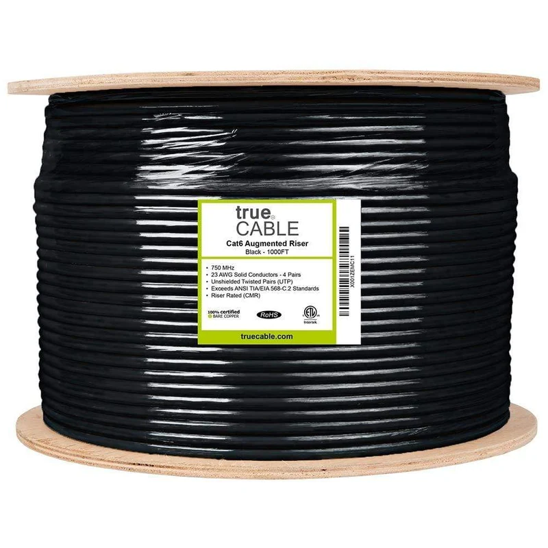 Cat6A Riser Ethernet Cable — Unshielded — Black / 1000ft
