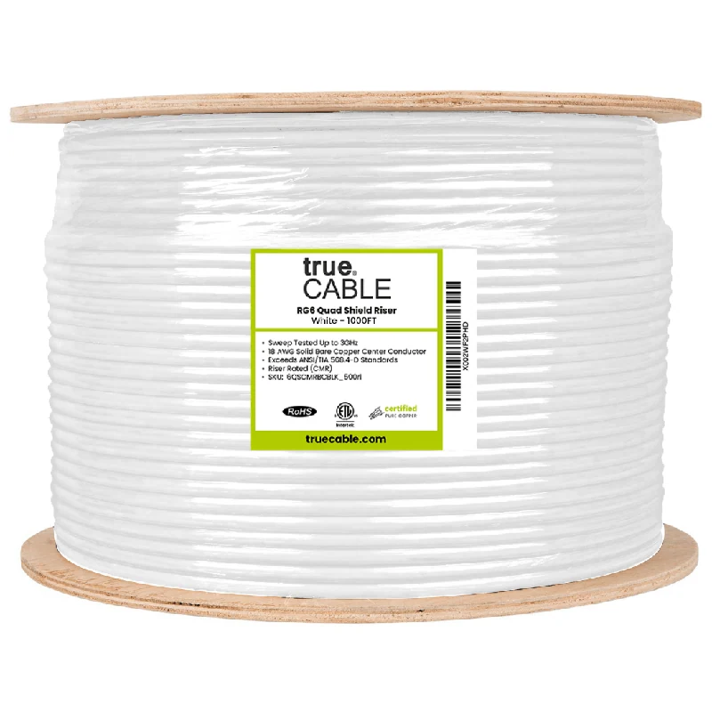 RG6 Quad Shield Riser Coaxial Cable — White / 1000ft