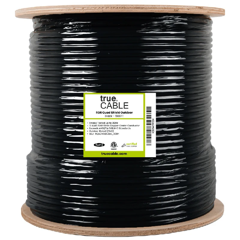 RG6 Quad Shield Outdoor Coaxial Cable — Black / 500ft