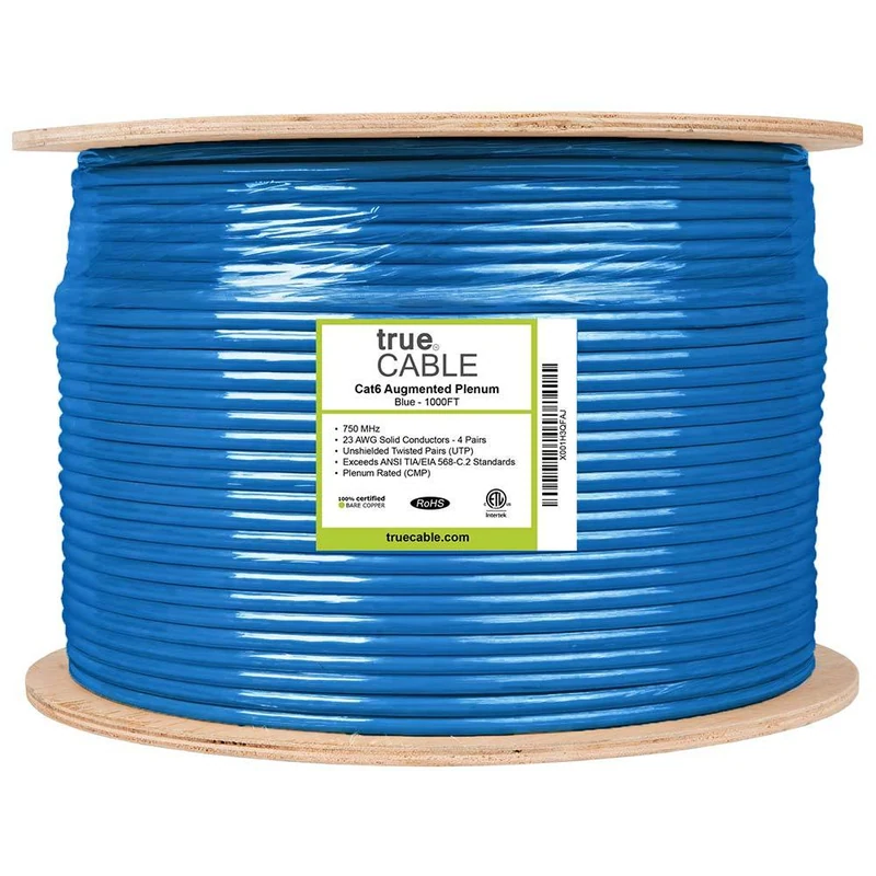 Cat6A Plenum Ethernet Cable — Unshielded — Blue / 1000ft